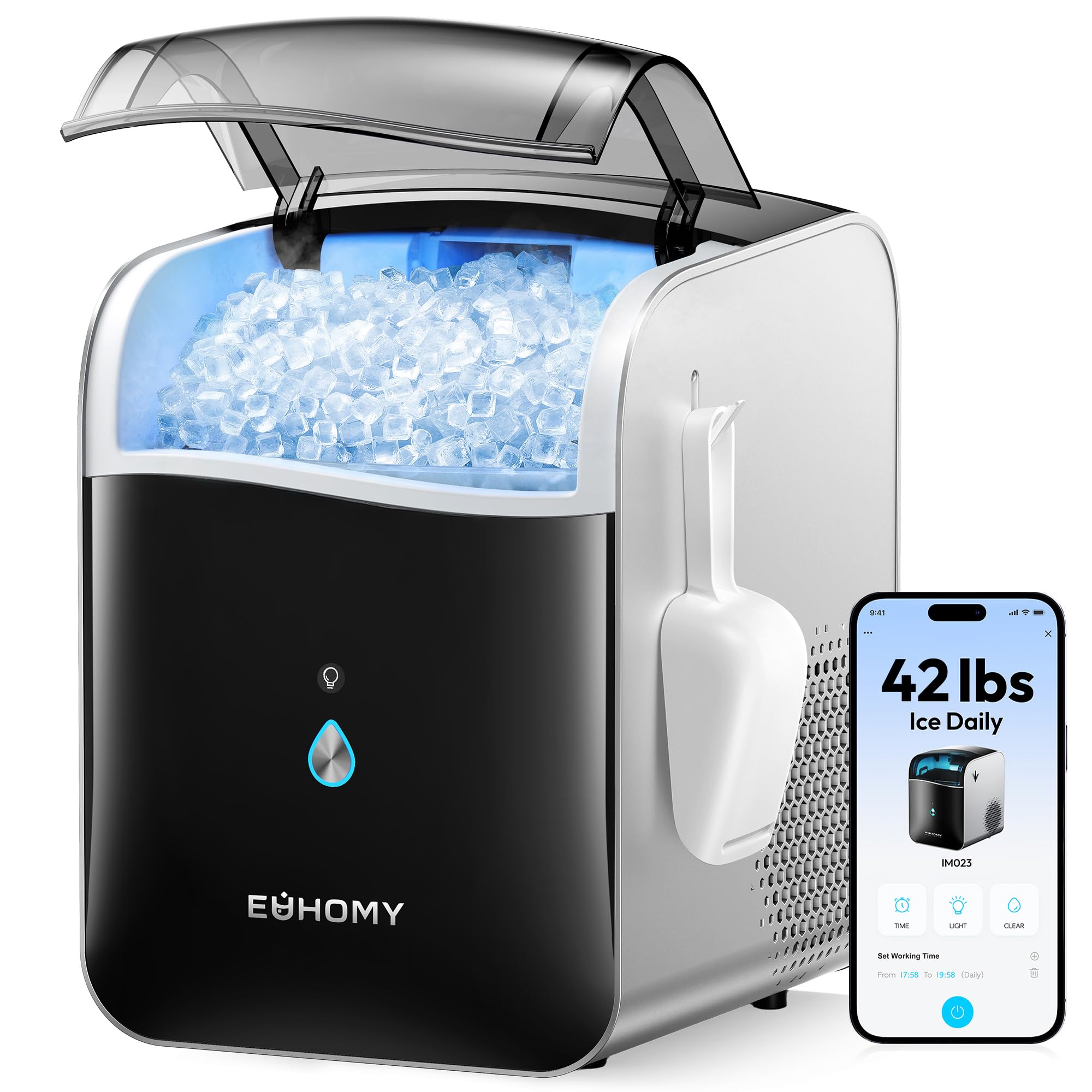 EUHOMY Smart Nugget Ice Maker Countertop, 42lbs/24H, Ready in 7 Mins, Portable S