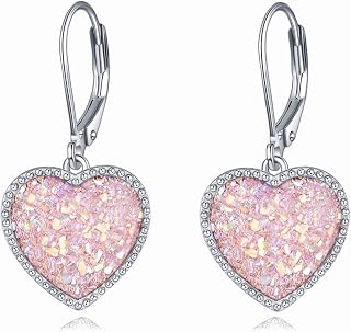 Heart Dangle Earrrings Pink/Blue/Purple/White/Orange/Moss Agate/Peridot/Turquoise/Birthstone Drusy Crystal Leverback Drop Earrings Jewelry Gift for Women