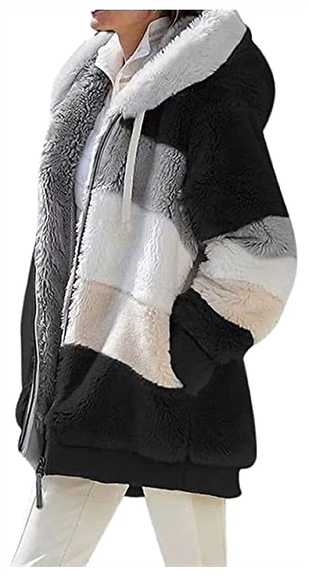 GUROA Ladies Coat Plush Jacket Teddy Fleece Casual Checkered Winter Coat Lapel L