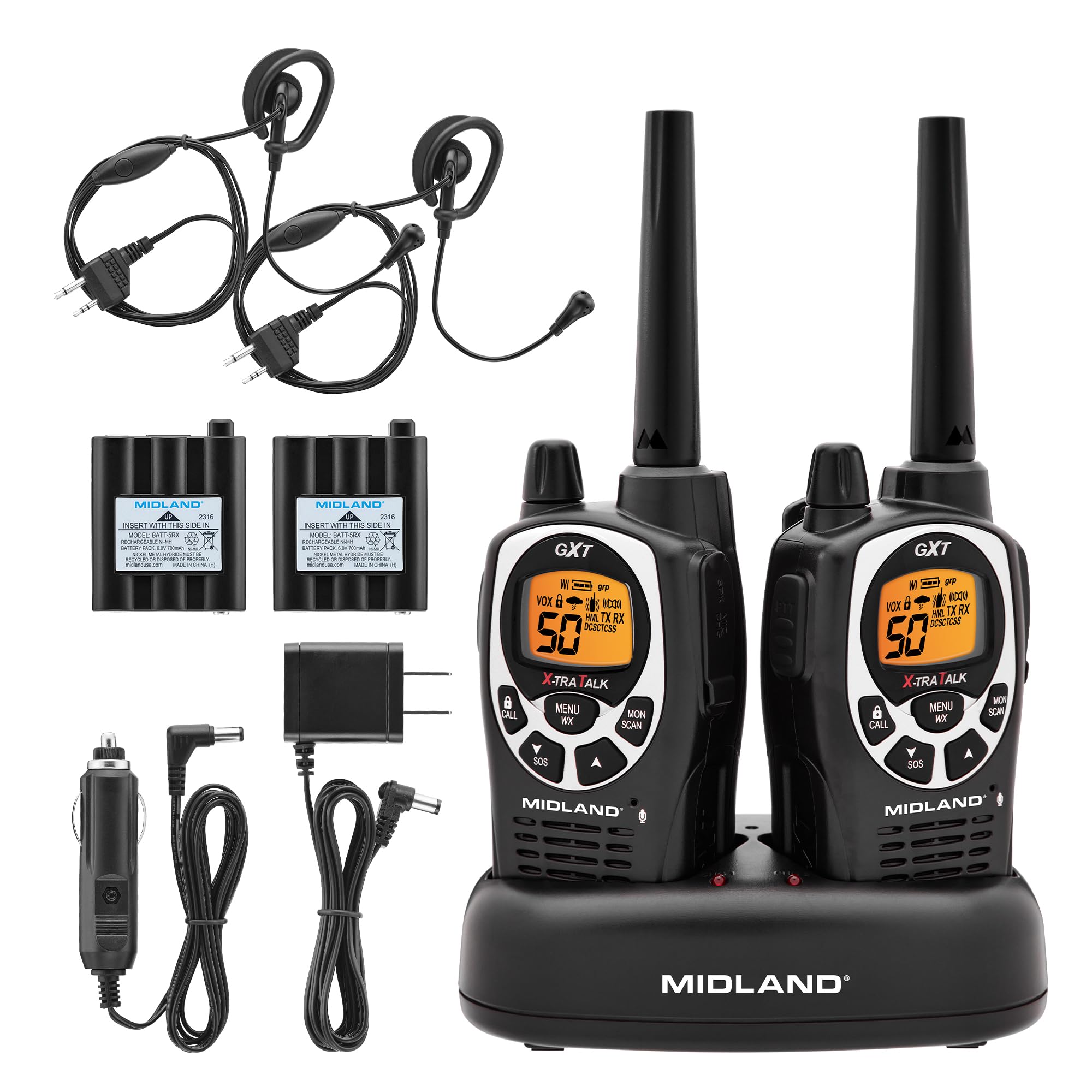Midland GXT1000VP4 GMRS Two-Way Radios with Headsets, Black, 2 Pack | 50 Channel
