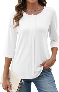 Lomon 3/4 Length Sleeve Womens Tops Casual Crewneck Spring Summer Pleated Tunic Tops Beach Vacation T Shirts