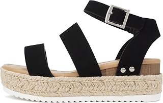 Soda Style Bryce ~ Open Toe Two Bands Espadrille Jute Platform Wedge Casual Fashion Flatform Sandals with Buckle Ankle Strap