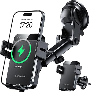 MOKPR Car Phone Holder Wireless Charger, 15W Wireless Car Charger | Auto Clamping Car Phone Holder for Air Vent/Dash/Windshield for iPhone 18/17/16/15/14/13/12&Samsung S26/S25/S24/S23 (Black)