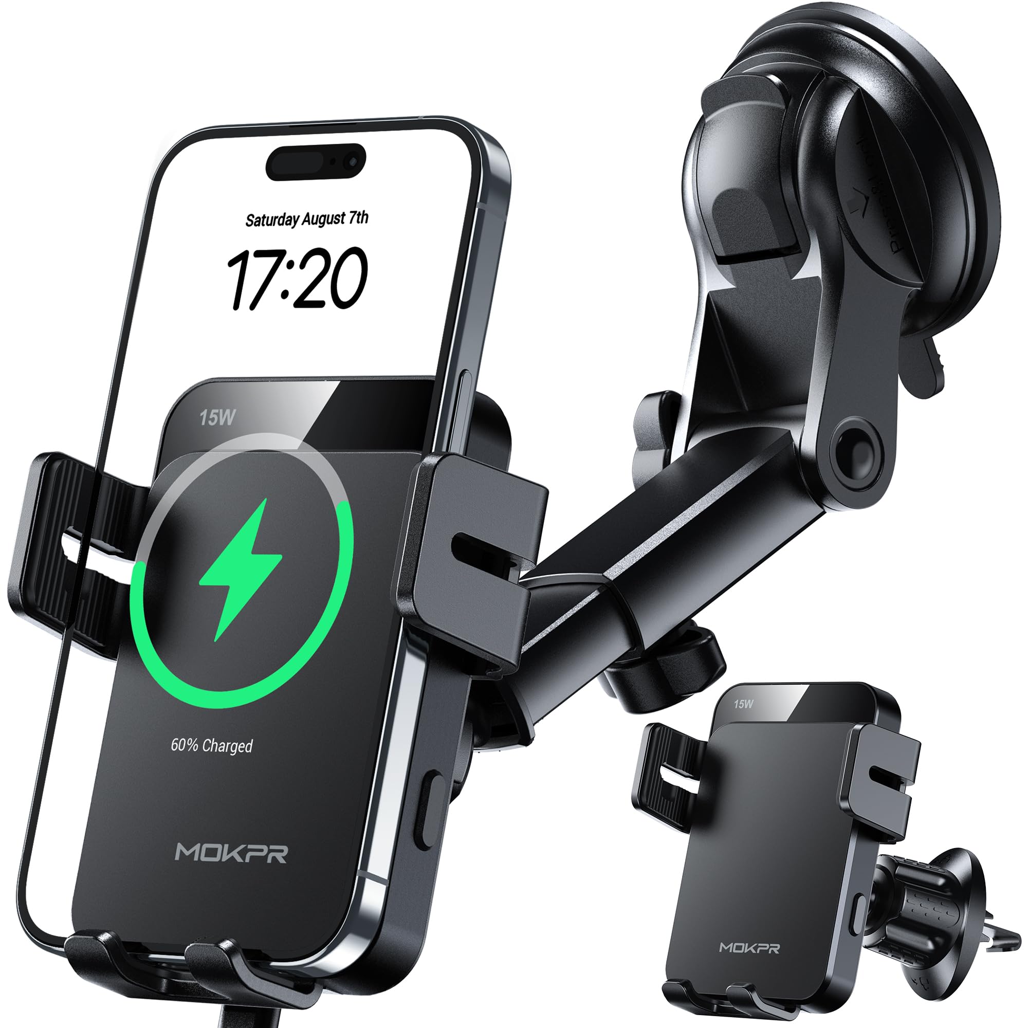 MOKPR Car Phone Holder Wireless Charger, 15W Wireless Car Charger | Auto Clampin