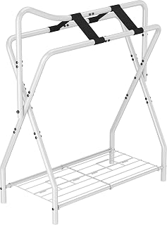 Queension Foldable Saddle Rack for Horse Stable,Horse Saddle Stand with Bottom Storage，White