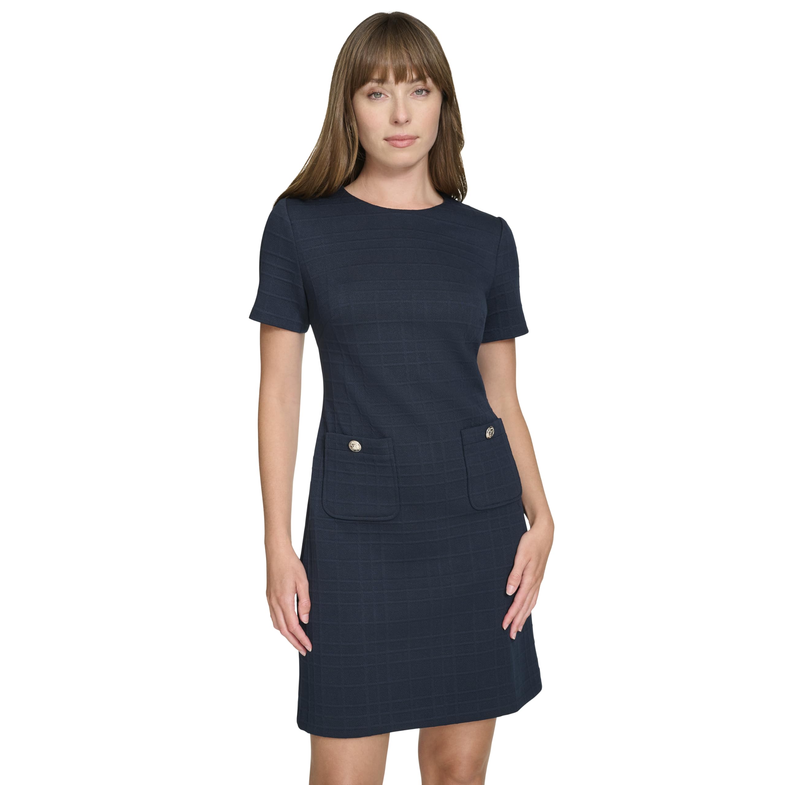 Tommy Hilfiger Women's Short Sleeve Jewel Neck Novelty Button Mini Shift Dress