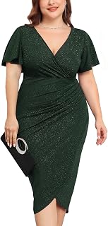 ZOMVA Plus Size 0X-4X Sparkly Glitter Ruched Bodycon Midi Dress Sparkle Sequin Wrap Ruffle Sleeve Dress Cocktail Party Formal