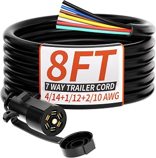 PlugSaf 8FT 7 Way Trailer Plug Heavy Duty 7 Pin Trailer Wiring Harness Cord | 4/14+1/12+2/10 AWG, 7 Pin Trailer Wiring Harness for Trailers, Campers, Food Trucks, RVs, Towing Vehicles