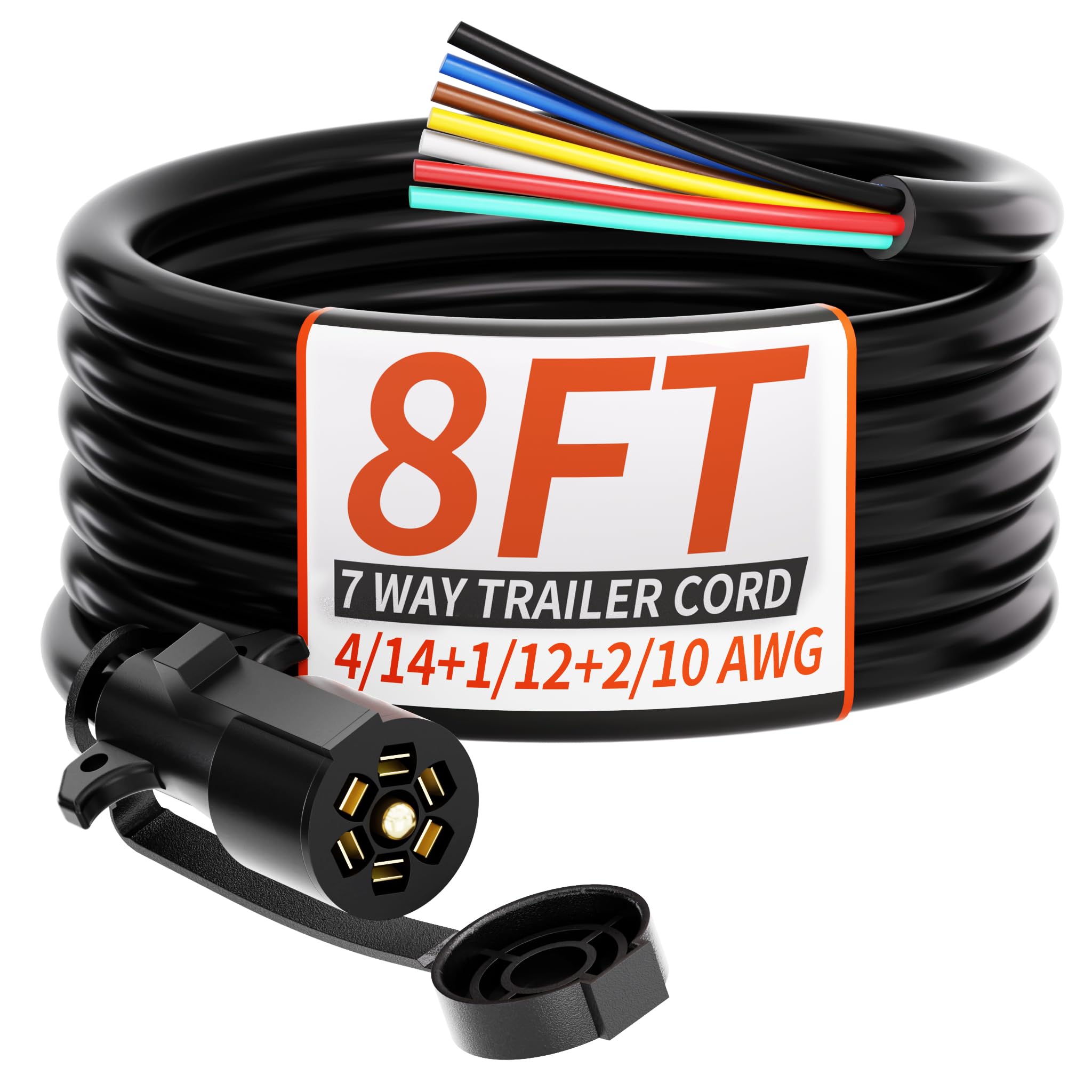 PlugSaf 8FT 7 Way Trailer Plug Heavy Duty 7 Pin Trailer Wiring Harness Cord | 4/