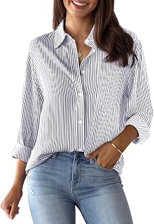 siliteelon Striped Button Down Shirts Women Cotton Long Sleeve Work Blouses