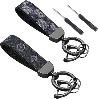 JOOTUEPO 2 PCS Genuine Leather Car Keychain, Universal Key Fob Keychain Leather Key Chain Holder, with Anti-lost D-ring, 360 Degree Rotatable, Black Car Keyring for Men and Women