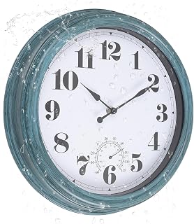 Aurowit Outdoor Wall Clock with Thermometer 12 Inch Waterproof Outdoor Clocks Battery Operated Wall Clock Dark Black Non Ticking for Patio Pool (Green, 12 Inch)