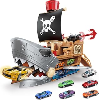 Race Track Playset for Kids Ages 3-8 with Shark Pirate Ship & 6 Metal Cars | Dual-Lane Launcher, Car-Eating Toy, Rotating Cannons, Built-In Garage, Pirate Adventure Set, Birthday Gift for Boys & Girls