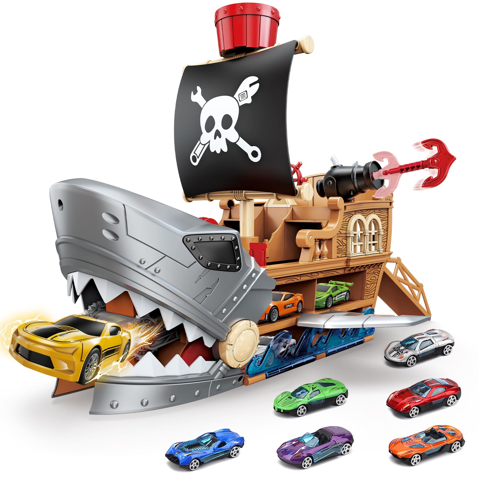 Race Track Playset for Kids Ages 3-8 with Shark Pirate Ship & 6 Metal Cars | Dua