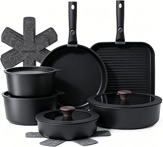 SENSARTE 17 Piece Nonstick Detachable Handle Pots and Pans Set Black | Removable Handle Cookware Set, Induction Cookware Set with Removable Handle, Healthy Non Stick for RV, Dishwasher ＆ Oven Safe