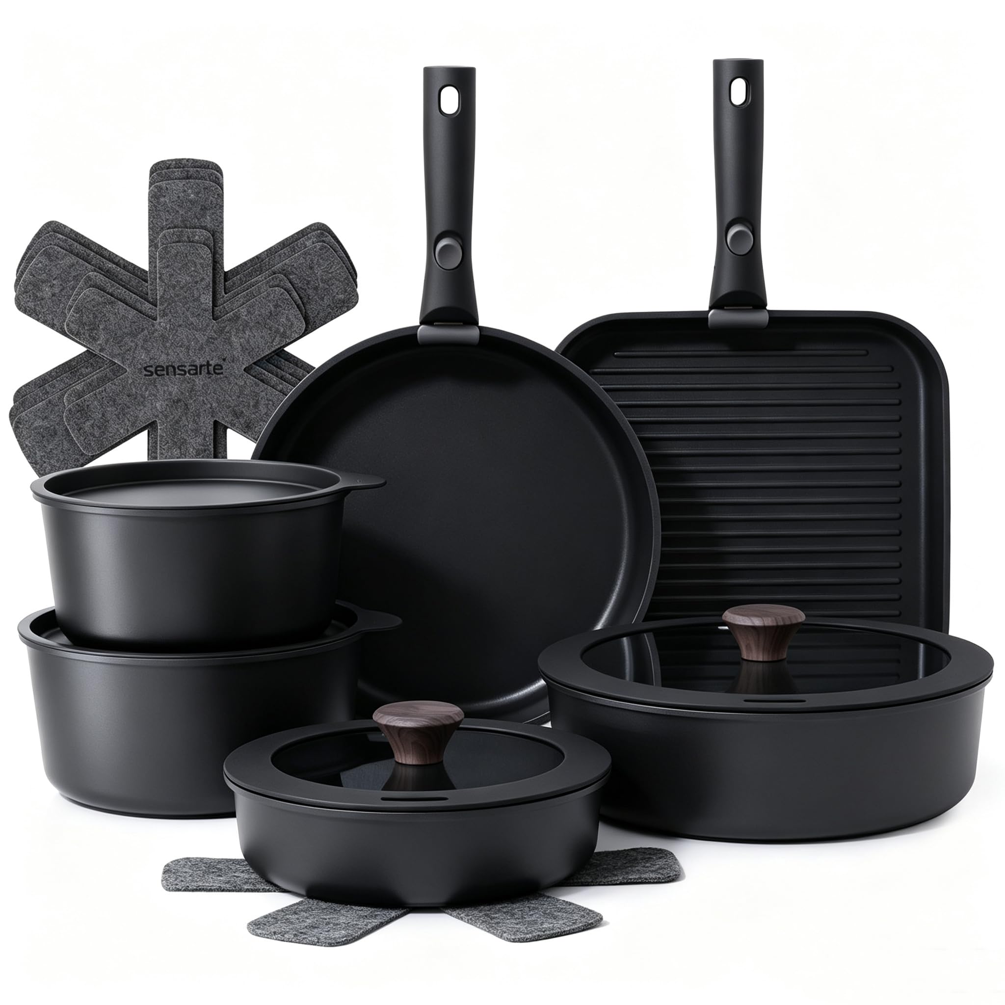 SENSARTE 17 Piece Nonstick Detachable Handle Pots and Pans Set Black | Removable