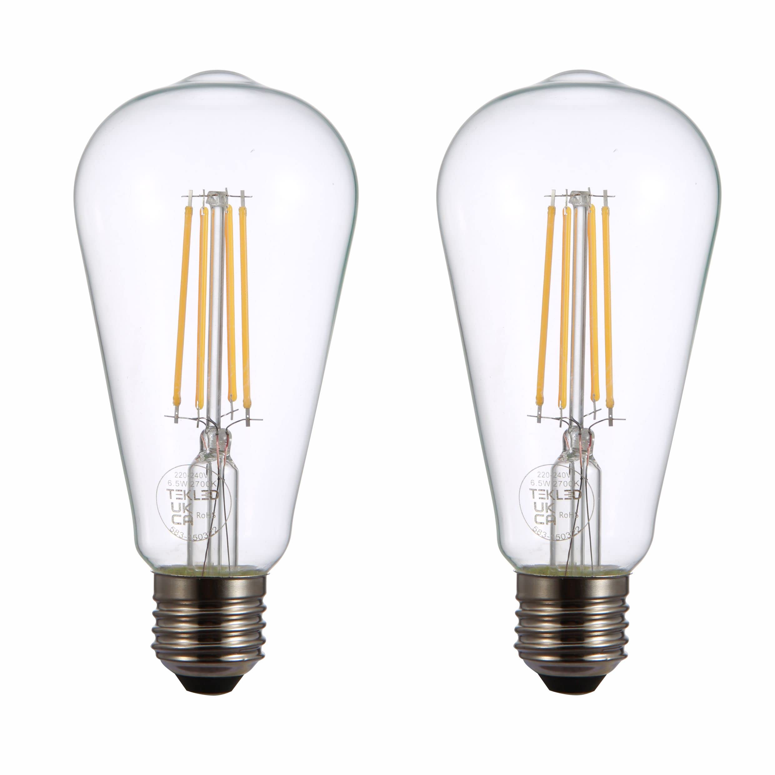 TEKLED LED Filament Style ST64 Bulbs E27 Dimmable 6.5W 60W Equiv 2700K 2 Pack Wa