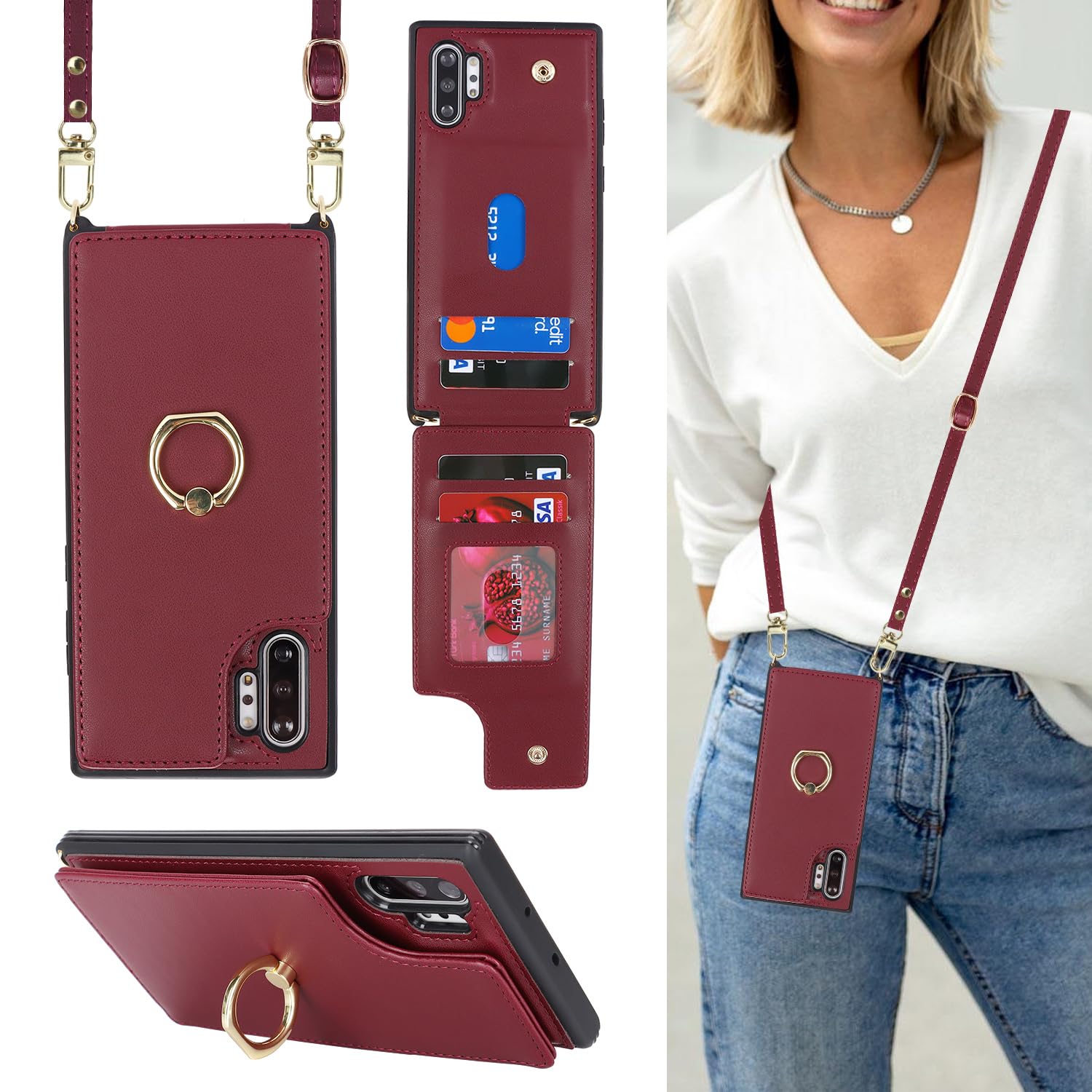 Lipvina for Samsung Galaxy Note 10 Plus Case with Strap,Wine Red