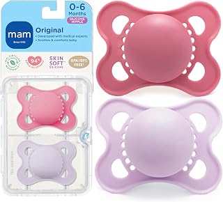 MAM Original Baby Pacifier 0-6 Mths, Skin Soft Silicone Nipple, 2 Pack | For Newborn Babies, BPA-Free Skin Soft Silicone Nipple, Developed With Medical Experts, With Sterilizer Case, Made In Europe