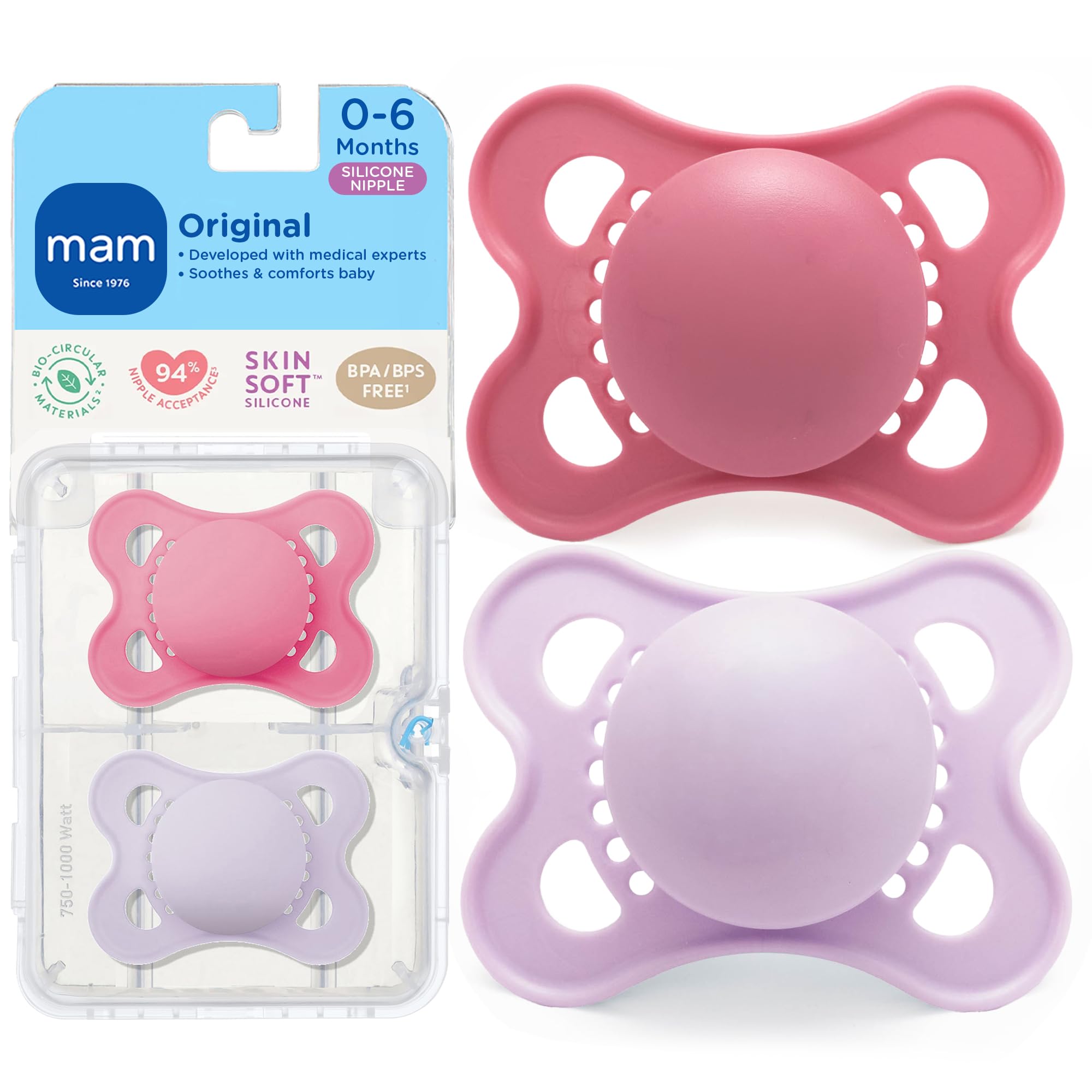 MAM Original Baby Pacifier 0-6 Mths, Skin Soft Silicone Nipple, 2 Pack | For New