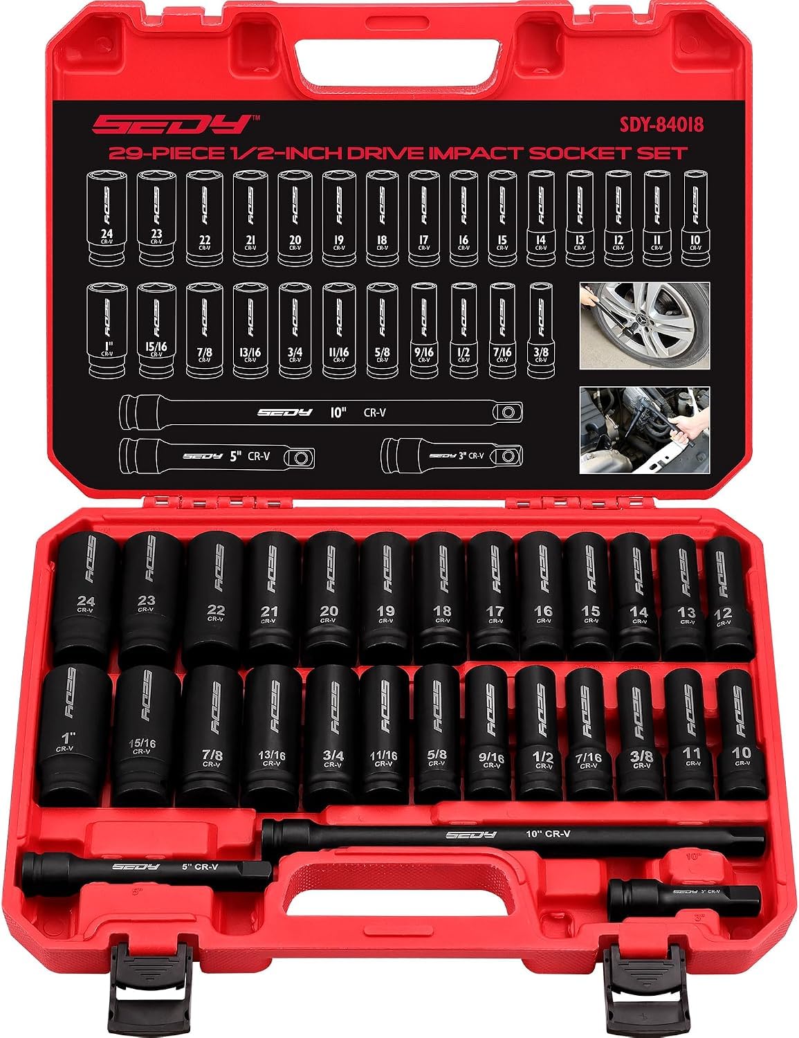 29-Piece 1/2" Drive Impact Socket Set, SAE (3/8 to 1 inch) and Metric (10-24mm) 