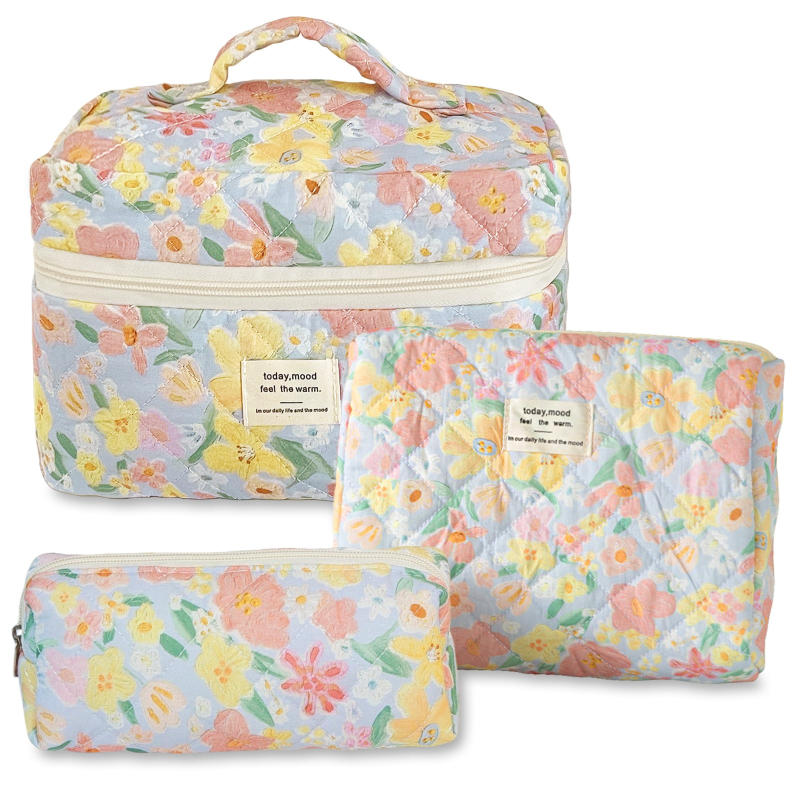 Aucuu 3PCS Coquette Makeup Bag, Quilted Makeup Bag for Women, Floral Cotton Cosm