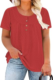 VISLILY Womens-Plus-Size-Summer-Tops Buttons Up Henley Shirts Flowy Pleated Tunics Trendy Eyelet Short Sleeve Blouses
