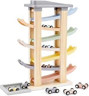 Joyreal Wooden Car Ramp Toy - Montessori Toys for 1 2 3 Years Old, Ramp Racer Toy Vehicle Set with 8 Mini Cars & Race Tracks & Car Garage, Toddler Travel Toys Gifts for Boys Girls