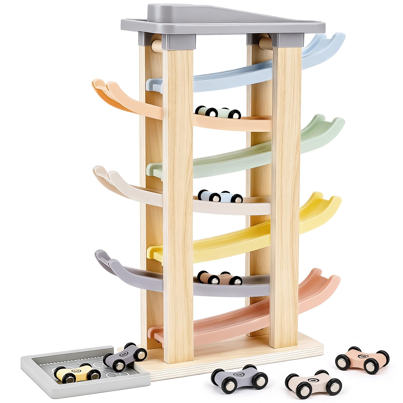 Joyreal Wooden Car Ramp Toy - Montessori Toys for 1 2 3 Years Old, Ramp Racer To