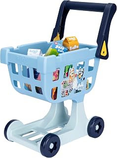 Bluey The Shopping Trolley | with Free-Rolling Wheels and Rotating Handle. The Ideal Size for Toddlers | Stands at 19.3 Inch Tall | 8 Colorful Cardboard Shopping Goods are Included with This Trolley