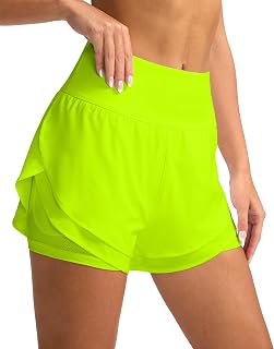 SANTINY 2 in 1 Running Shorts for Women with 3" High Waist Pockets Workout Athletic Shorts with Lining