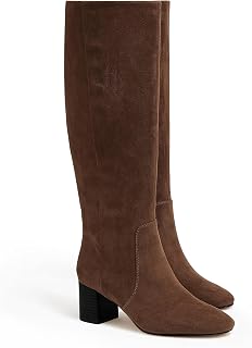 Coutgo Womens Chunky Heel Knee High Boots Suede Round Toe Fall Winter Tall Boots with Side Zipper