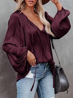 Womens Plus Size 1XL-5XL Long Sleeve Shirt V Neck Drawstring Casual Long Sleeve Tops