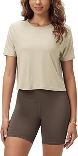 ODODOS Women's Performance Cropped Tee Ultra Soft odSTRATUM Tech Short Sleeve Relaxed Top Crew Neck T-Shirts