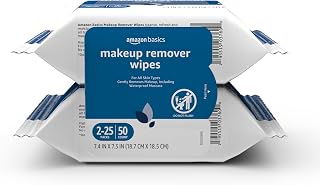 Amazon Basics Makeup Remover Wipes, Gentle Cleansing, Dermatologist Tested, pH-Balanced, Alcohol-Free, Removes Waterproof Mascara, 25 Count, 2-Pack