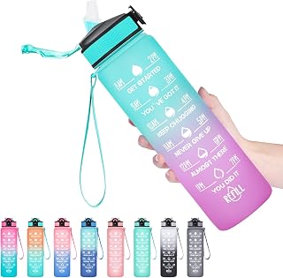 Hyeta 900ml Water Bottles with Drinking Times and Straw Motivational Water Bottle with Time Marker, Leak Proof and BPA Free, Sports Water Bottle for Fitness, Gym and Outdoor (Green-Purple)