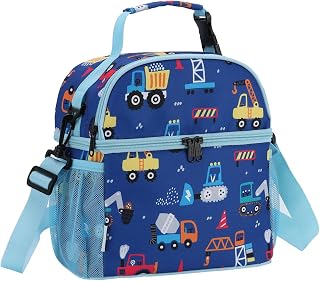 VASCHY Lunch Bag for Kids, Insulated Lunch Box Double Compartments Cooler Lunch Tote for Toddlers Boys Girls School/Daycare/Picnic Construction Vehicles