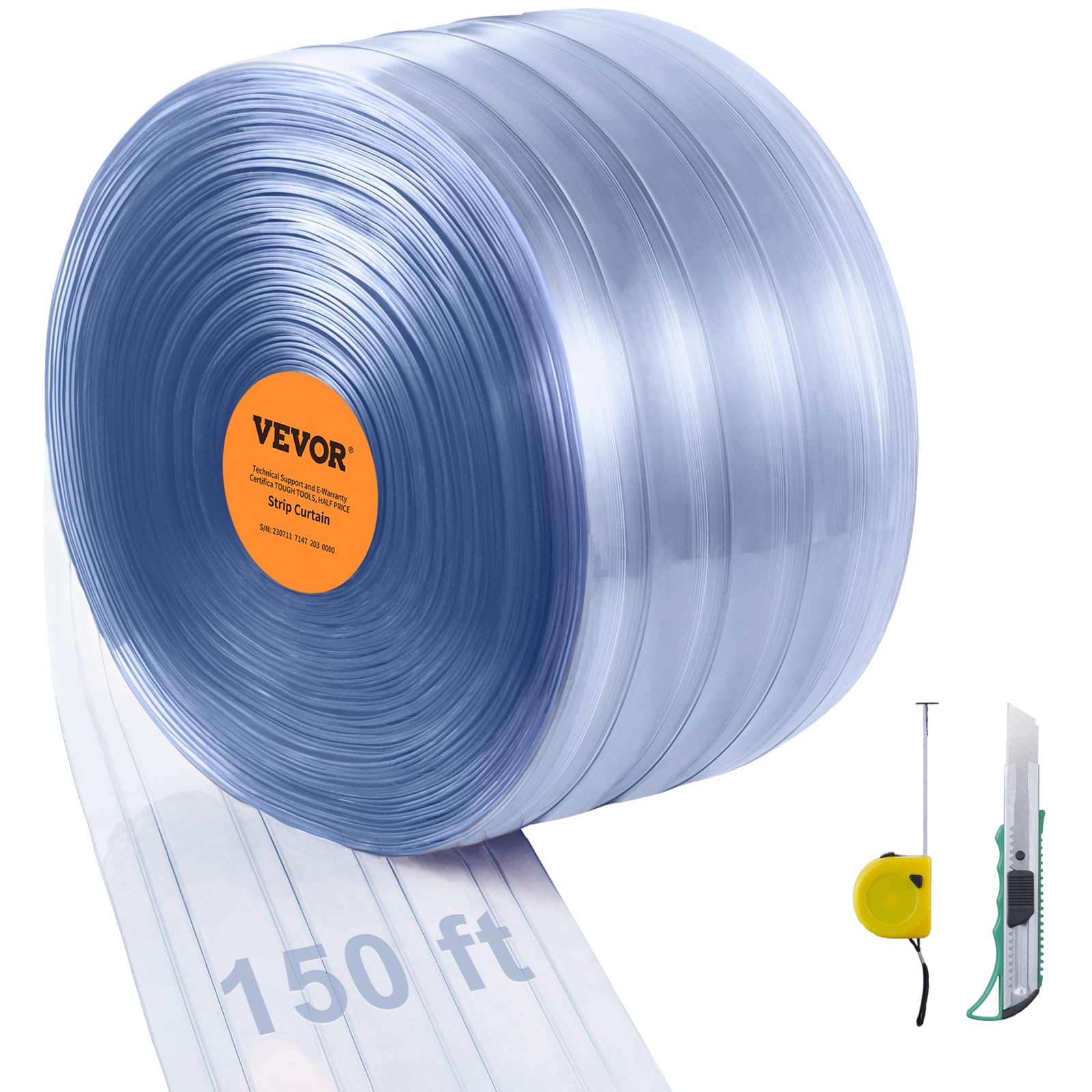 Strip Curtain, 150' Length x 8" Width x 0.08" Thickness, Clear Ribbed PVC Curtai
