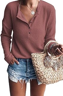 WNEEDU Women's Waffle Knit Tops Long Sleeve T-Shirts Loose V Neck Blouse Tunic Henley Shirts Button Up Rust Red