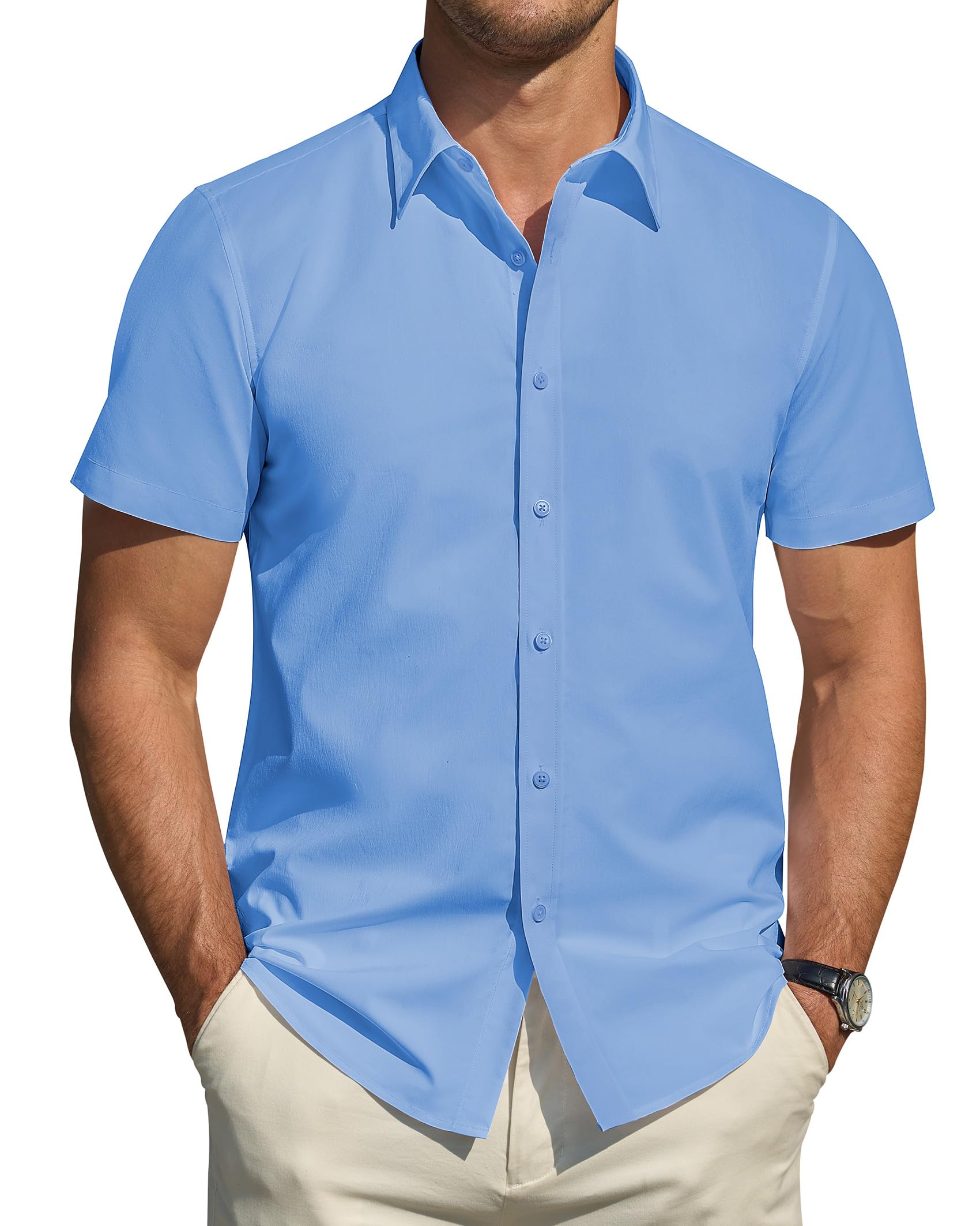 J.VER Men's Short Sleeve Casual Button Down Stretch Stain Proof Formal Plain Dre