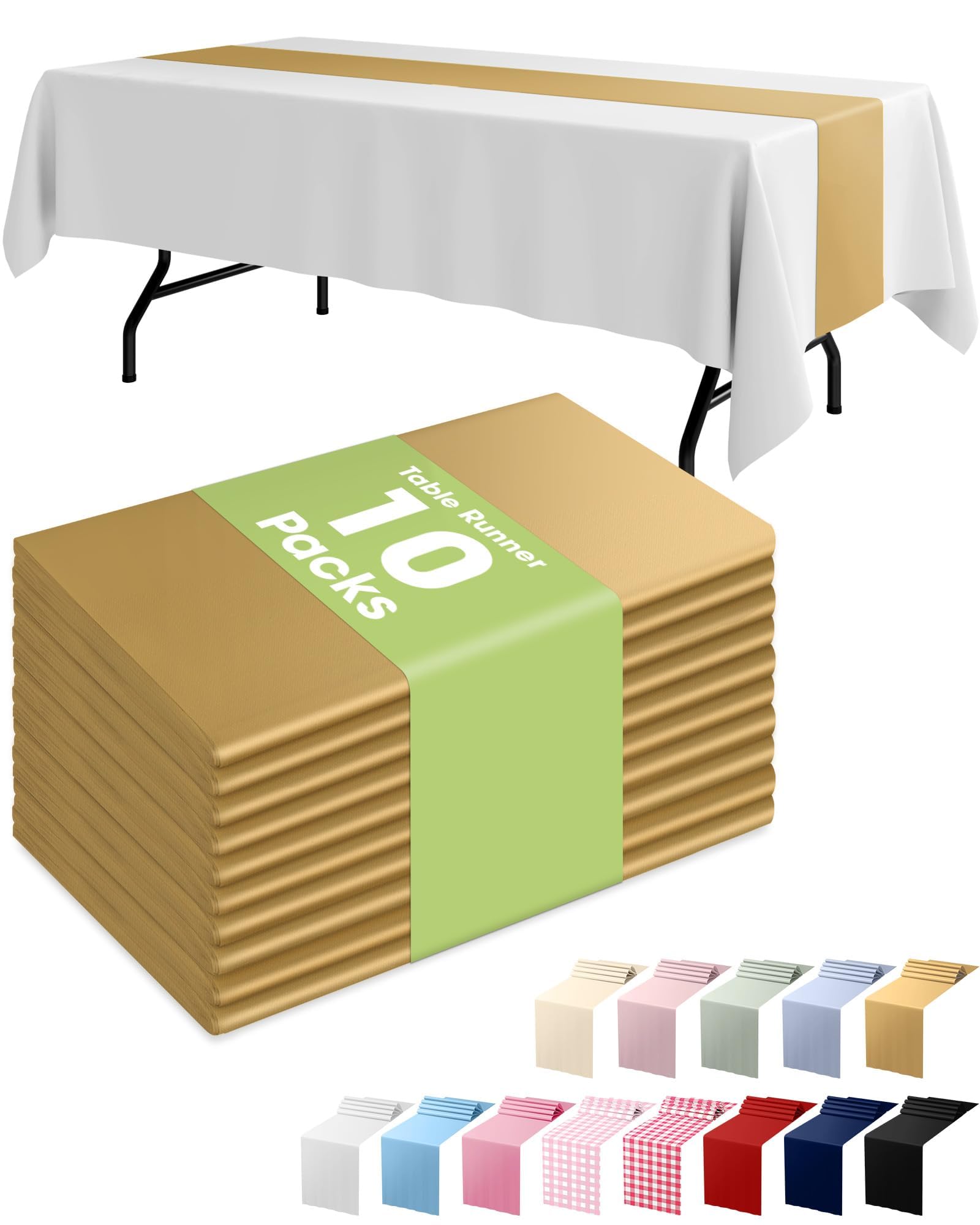 Pureegg Gold Disposable Plastic Table Runner 14x108 Inch | 10 Pack, Party Decor,