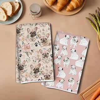 2 Cute French Bulldog Kitchen Towels 14"x24" Absorbent Microfiber Decorative Cloth Tea Towel Waffle Hand Towel for Kitchen Home Bathroom Gift for Dog Lovers