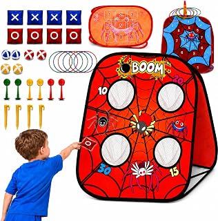 EagleStone 5-in-1 Spider Bean Bag Toss Game for Kids, Cornhole Game | with Ring Toss, Sticky Ball Target & Tic Tac Toe, Indoor Outdoor Lawn Yard Party Game, Birthday Gift for Boys Girls Ages 3-8