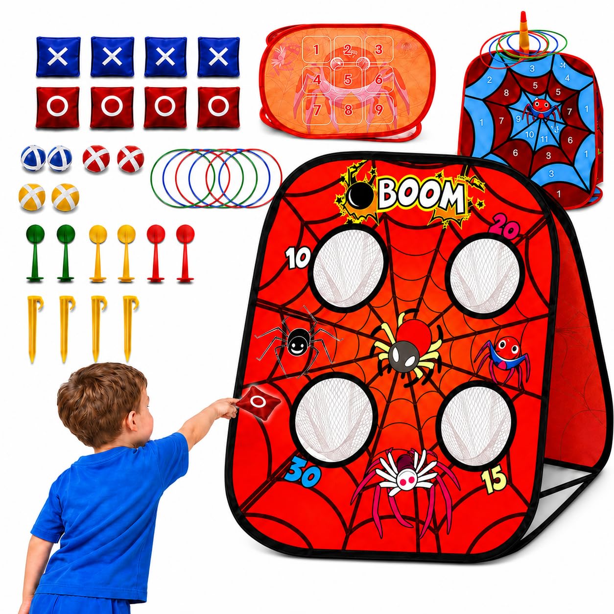 EagleStone 5-in-1 Spider Bean Bag Toss Game for Kids, Cornhole Game | with Ring 
