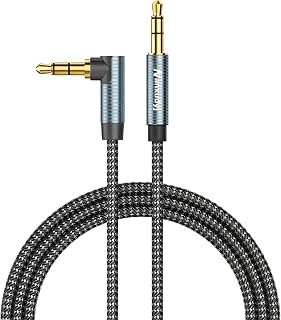 Nanxudyj AUX Cord 6ft, 3.5mm Stereo Audio Cable 90 Degree Right Angle Nylon Braided Male to Male for Car, Headphones, Speaker, PS4/PS5, PC, Tablets - Hi-Fi Sound Portable TRS Auxiliary Cable