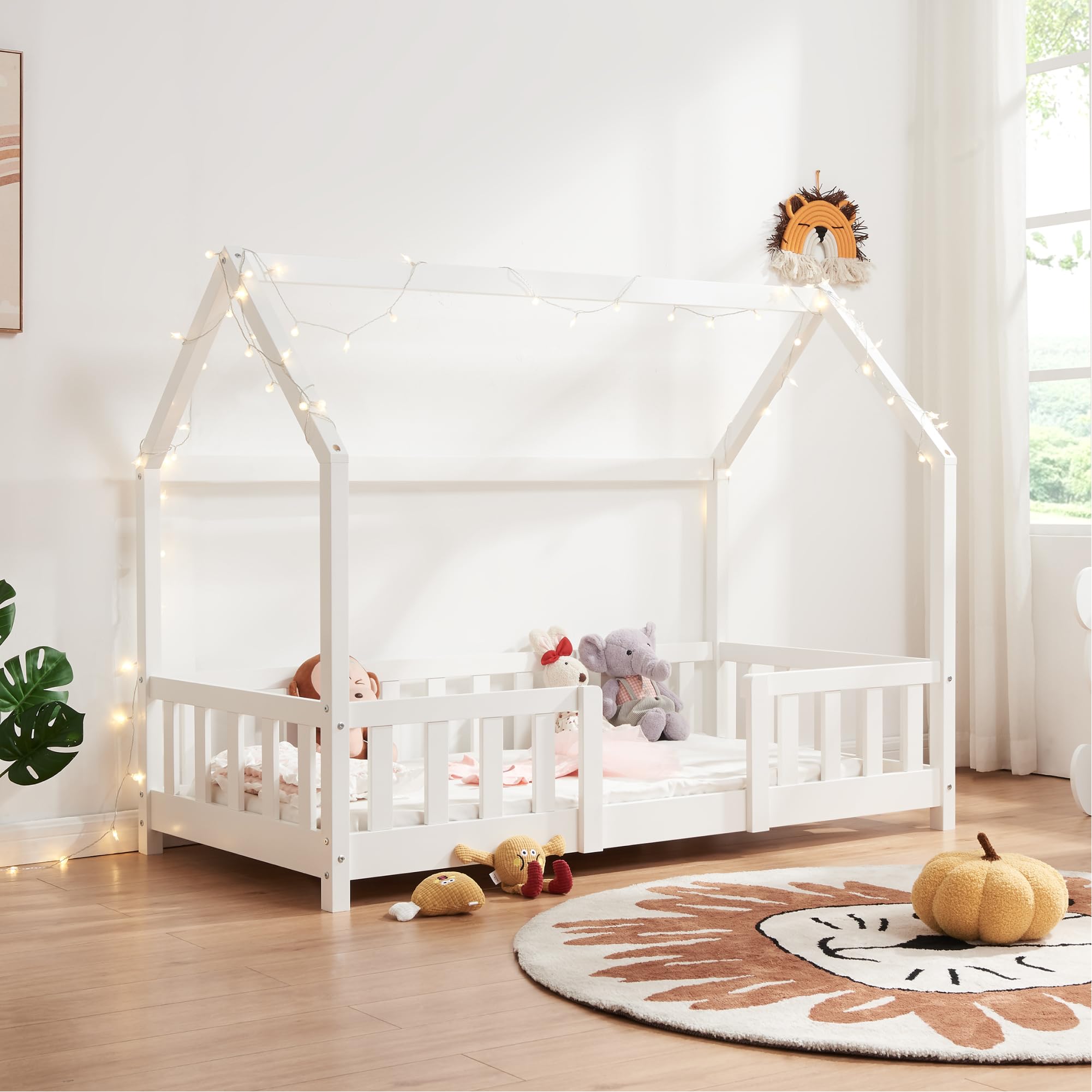 [en.casa] Children's Cabin Bed in House Shape with Slatted Base with Comfortable