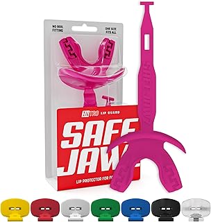 SAFEJAWZ Football Mouth Guard, Sports Lip Guard with Connected Strap, Breathable Adults and Youth Mouthpiece, American Football & Lacrosse Lip Protector Mouthguard (Pink)