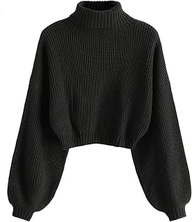 ZAFUL Women's Cropped Turtleneck Sweater Lantern Sleeve Ribbed Knit Pullover Sweater Jumper