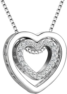 Double Heart Pendant Necklace for Women - Crystal-Accented Romantic Jewelry with Adjustable Stainless Steel Chain