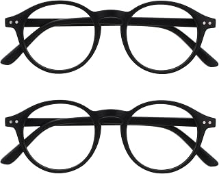 OPULIZE Rey Reading Glasses – Retro Round Frame – Men and Women – Spring Hinges, Matte Black - 2 Pack, One size